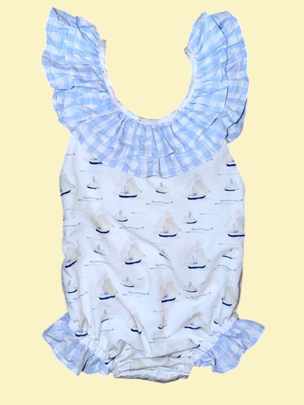 EUC Busy Bee Smocks sail boat print with blue gingham ruffles swimsuit 18mo